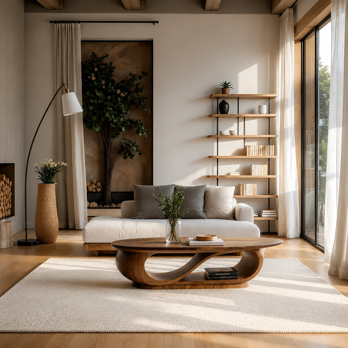 Natural Solid Wood Oval Coffee Table with Sculptural Loop Base and Lower Shelf - Livewoodcraft - 8