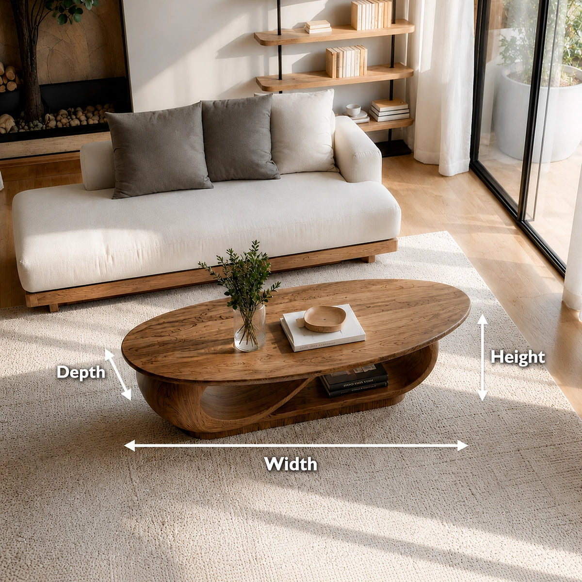 Natural Solid Wood Oval Coffee Table with Sculptural Loop Base and Lower Shelf - Livewoodcraft - 9