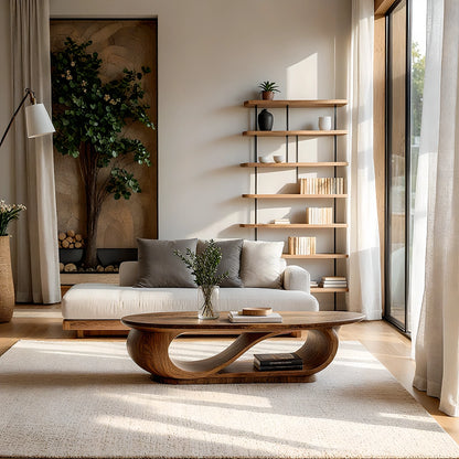 Natural Solid Wood Oval Coffee Table with Sculptural Loop Base and Lower Shelf - Livewoodcraft