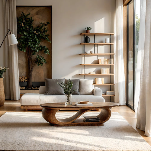 Natural Solid Wood Oval Coffee Table with Sculptural Loop Base and Lower Shelf - Livewoodcraft