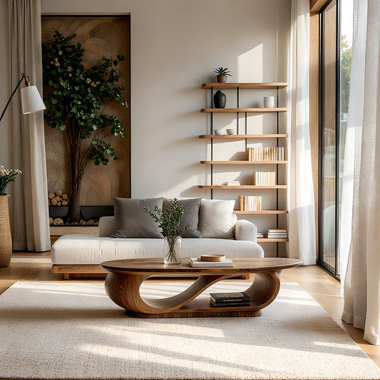 Natural Solid Wood Oval Coffee Table with Sculptural Loop Base and Lower Shelf - Livewoodcraft