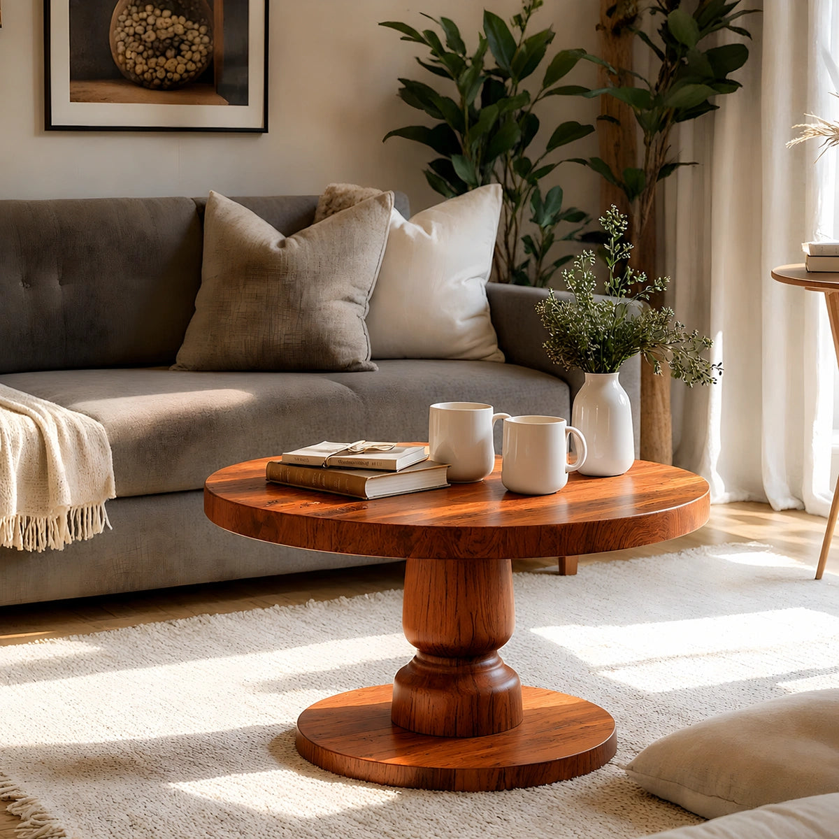 Natural Solid Wood Round Coffee Table – Sculptural Pedestal Style - Livewoodcraft - 2