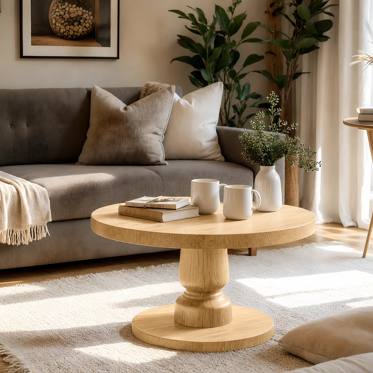 Natural Solid Wood Round Coffee Table – Sculptural Pedestal Style - Livewoodcraft - 3