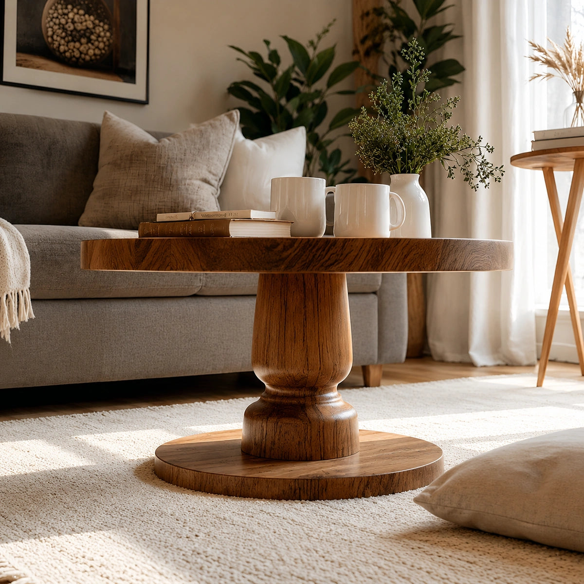 Natural Solid Wood Round Coffee Table – Sculptural Pedestal Style - Livewoodcraft - 5