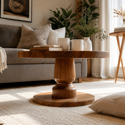 Natural Solid Wood Round Coffee Table – Sculptural Pedestal Style - Livewoodcraft - 5