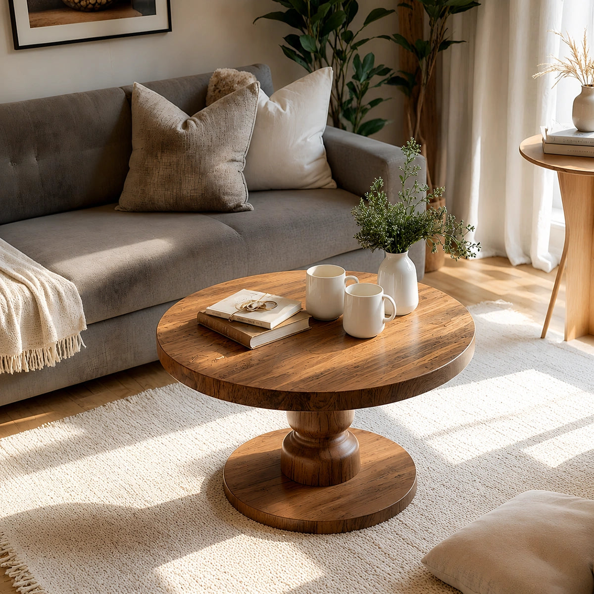Natural Solid Wood Round Coffee Table – Sculptural Pedestal Style - Livewoodcraft - 6