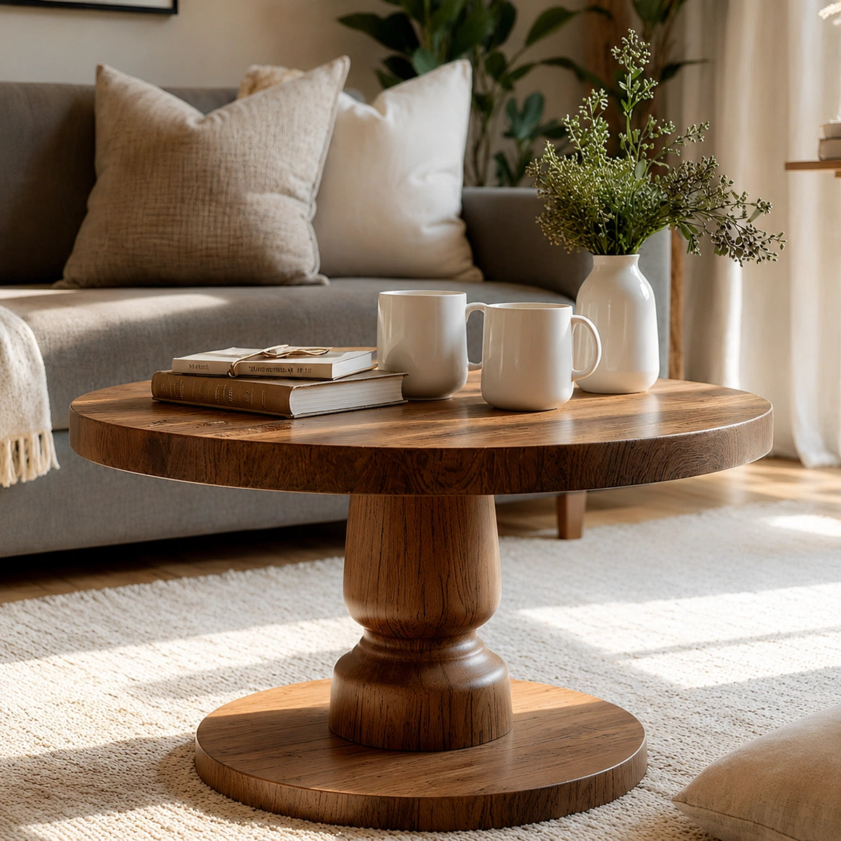 Natural Solid Wood Round Coffee Table – Sculptural Pedestal Style - Livewoodcraft - 7