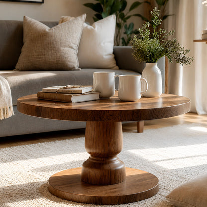 Natural Solid Wood Round Coffee Table – Sculptural Pedestal Style - Livewoodcraft - 7