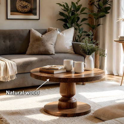 Natural Solid Wood Round Coffee Table – Sculptural Pedestal Style - Livewoodcraft - 9