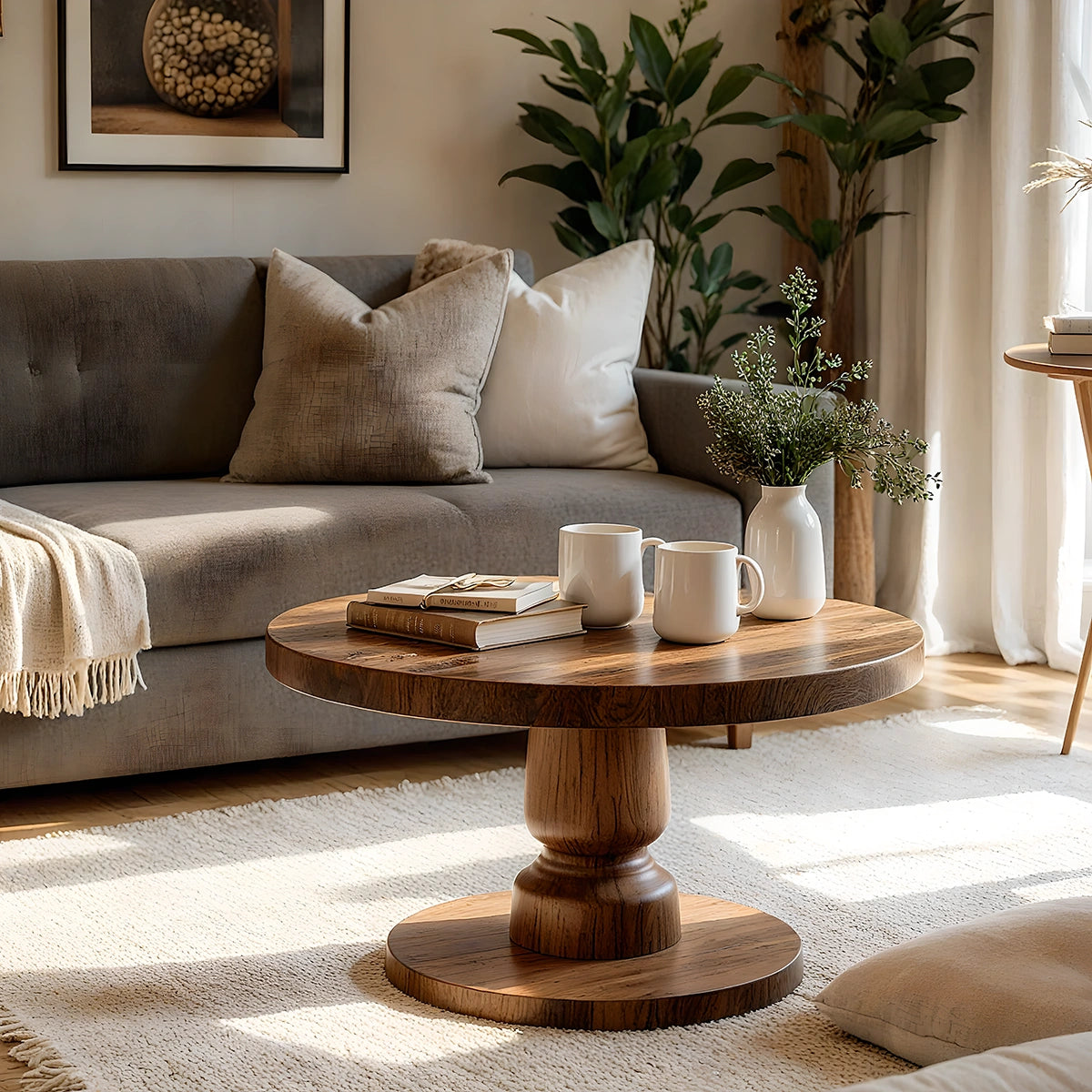 Natural Solid Wood Round Coffee Table – Sculptural Pedestal Style - Livewoodcraft
