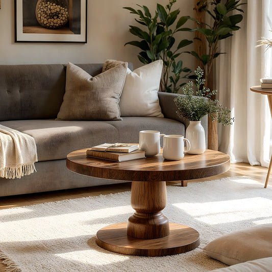 Natural Solid Wood Round Coffee Table – Sculptural Pedestal Style - Livewoodcraft