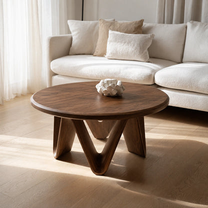 Natural Solid Wood Round Coffee Table with Sculptural V-Shaped Legs - Livewoodcraft - 2