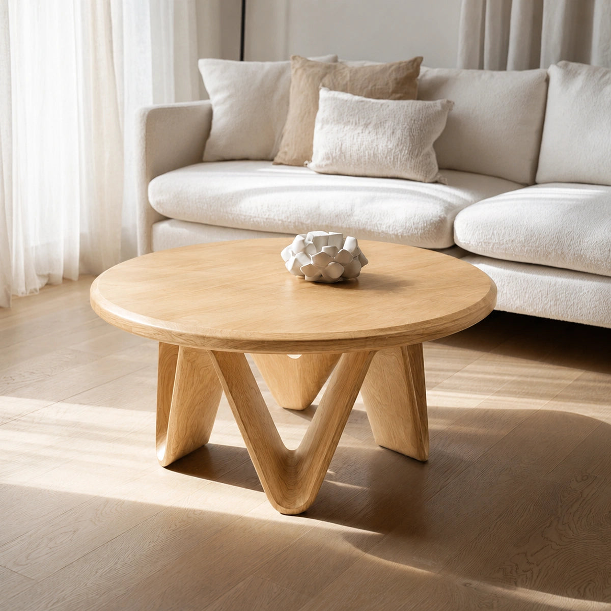 Natural Solid Wood Round Coffee Table with Sculptural V-Shaped Legs - Livewoodcraft - 3