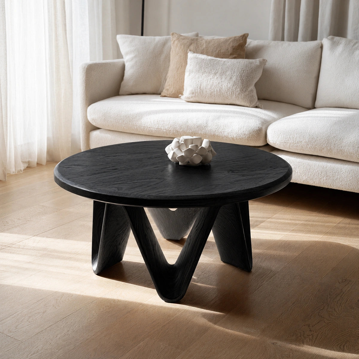 Natural Solid Wood Round Coffee Table with Sculptural V-Shaped Legs - Livewoodcraft - 4