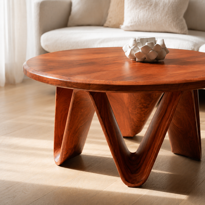 Natural Solid Wood Round Coffee Table with Sculptural V-Shaped Legs - Livewoodcraft - 5