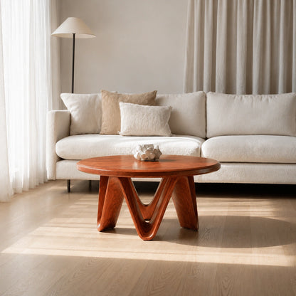 Natural Solid Wood Round Coffee Table with Sculptural V-Shaped Legs - Livewoodcraft - 6