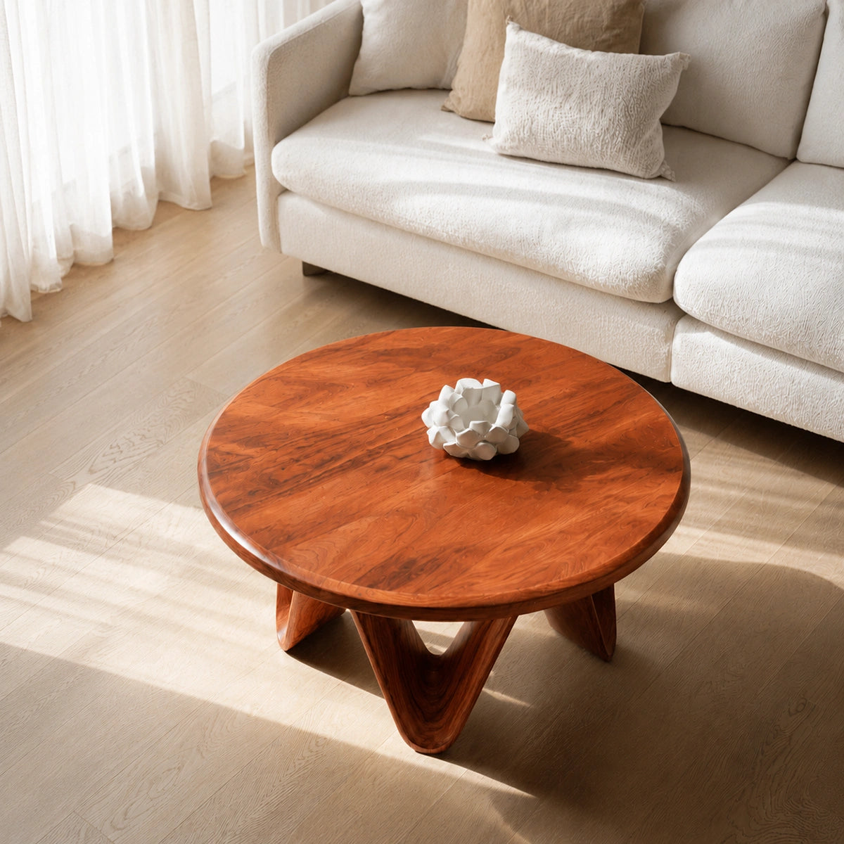 Natural Solid Wood Round Coffee Table with Sculptural V-Shaped Legs - Livewoodcraft - 7