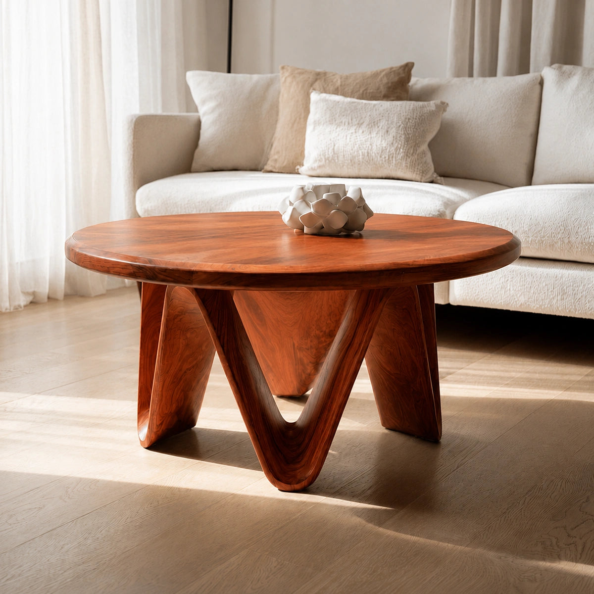 Natural Solid Wood Round Coffee Table with Sculptural V-Shaped Legs - Livewoodcraft - 8
