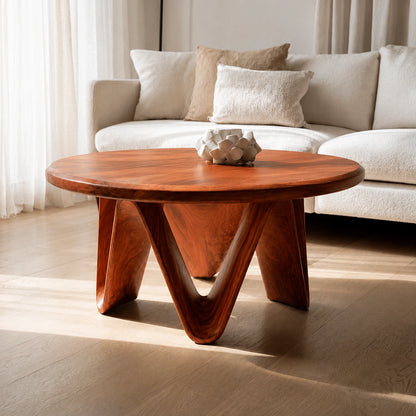 Natural Solid Wood Round Coffee Table with Sculptural V-Shaped Legs - Livewoodcraft - 8
