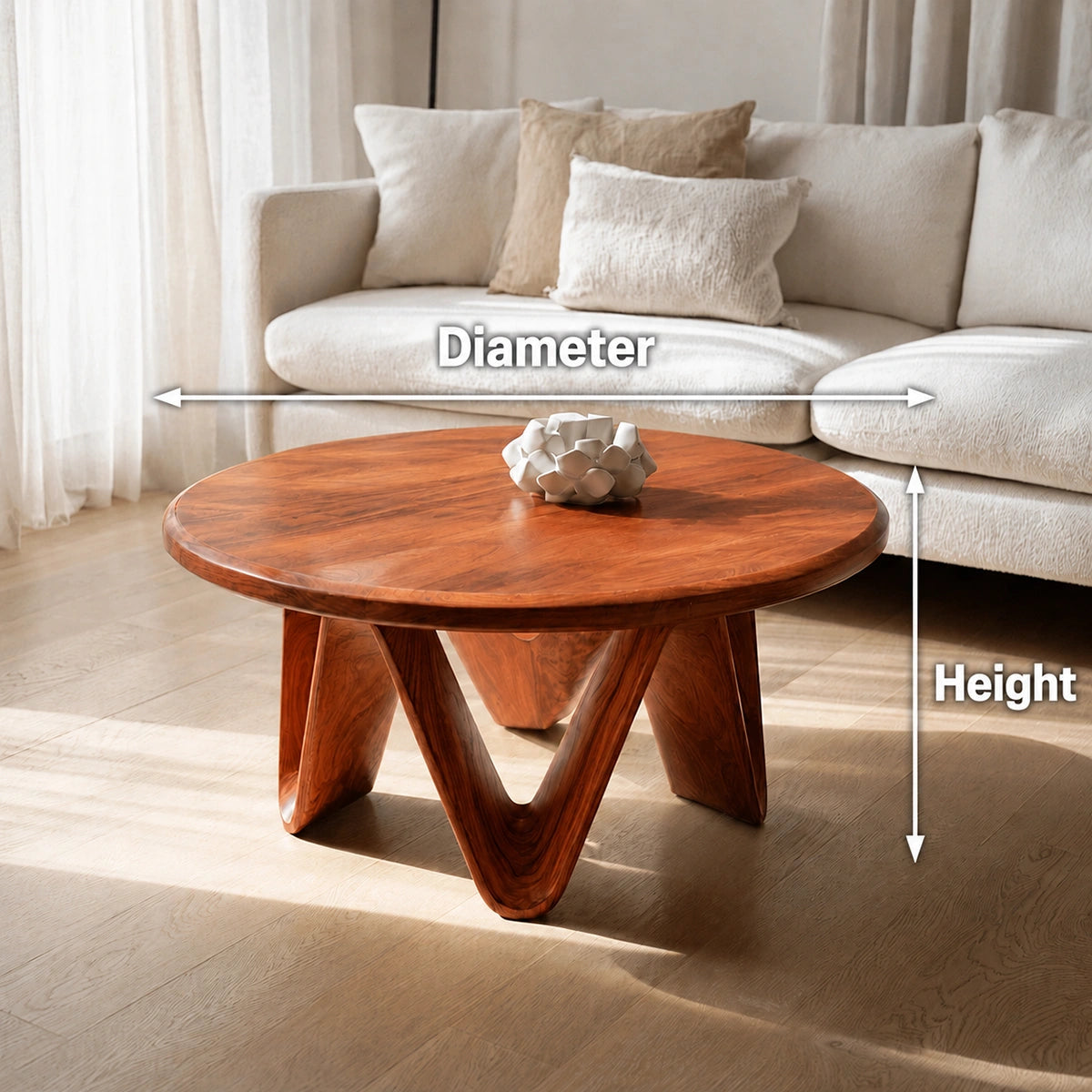 Natural Solid Wood Round Coffee Table with Sculptural V-Shaped Legs - Livewoodcraft - 9