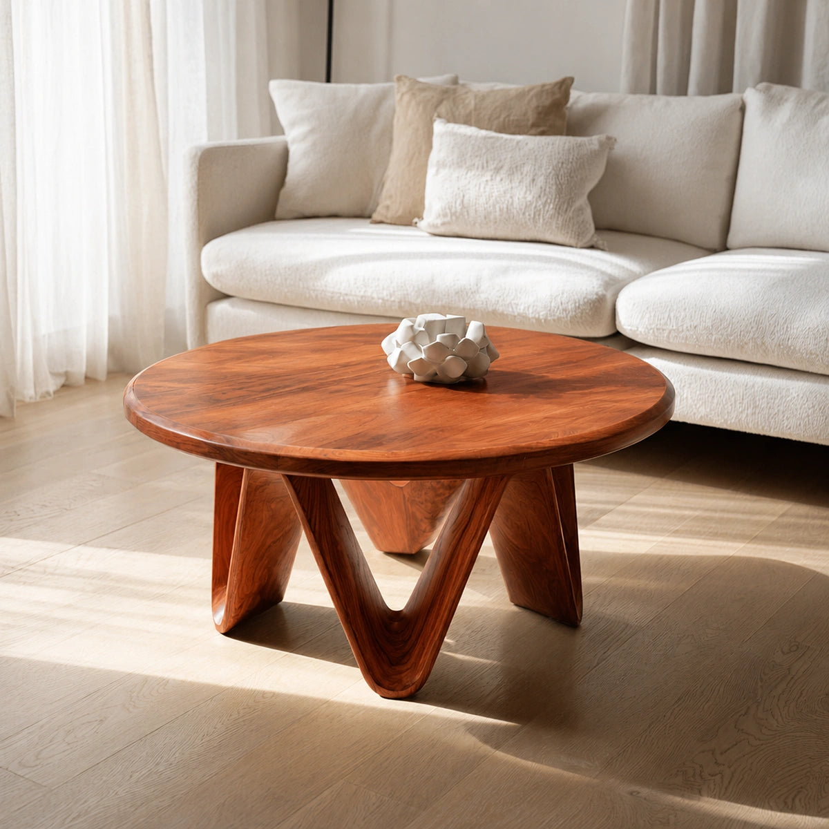 Natural Solid Wood Round Coffee Table with Sculptural V-Shaped Legs - Livewoodcraft