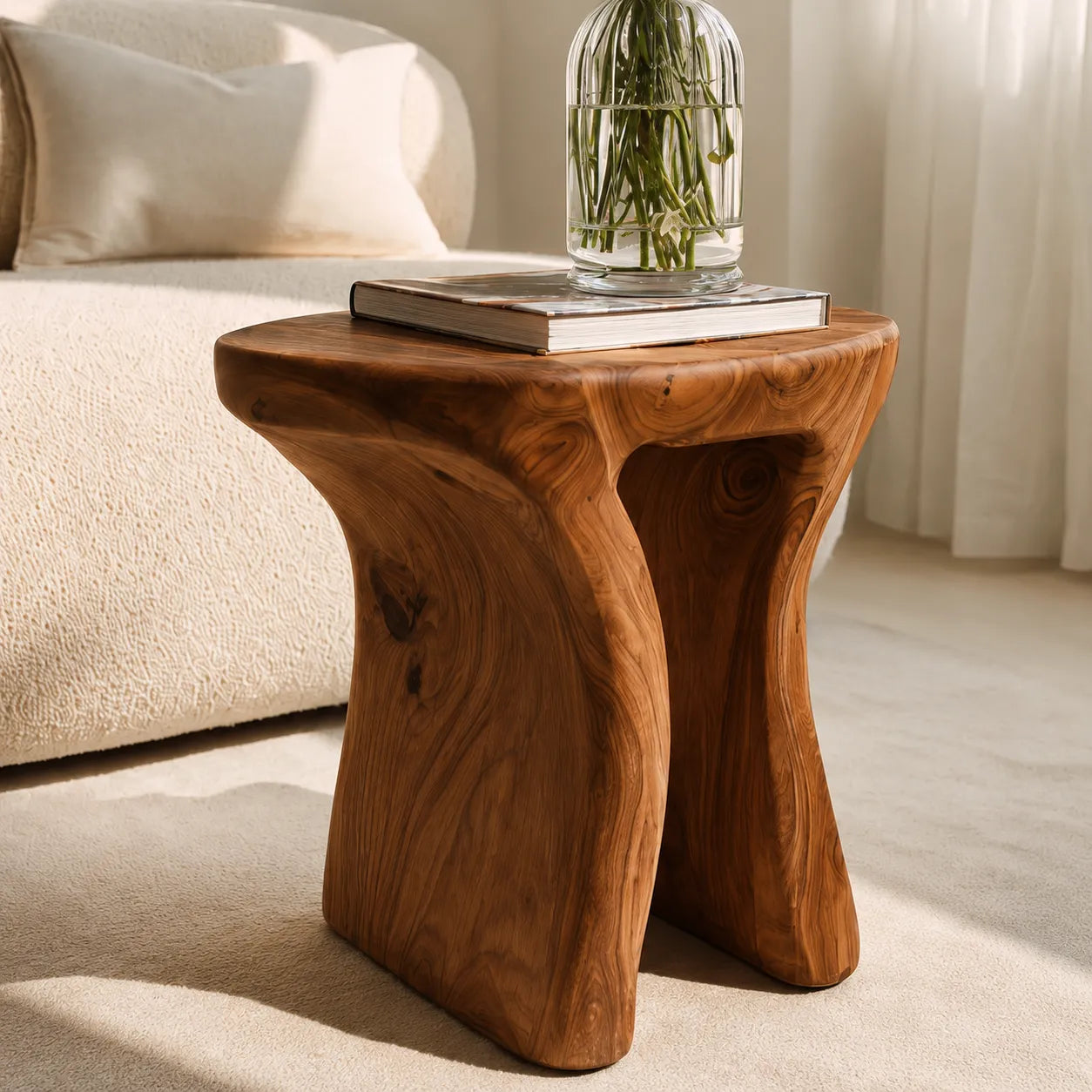 Natural Solid Wood Side Table with Sculptural Open Base - Livewoodcraft - 2784 - 6