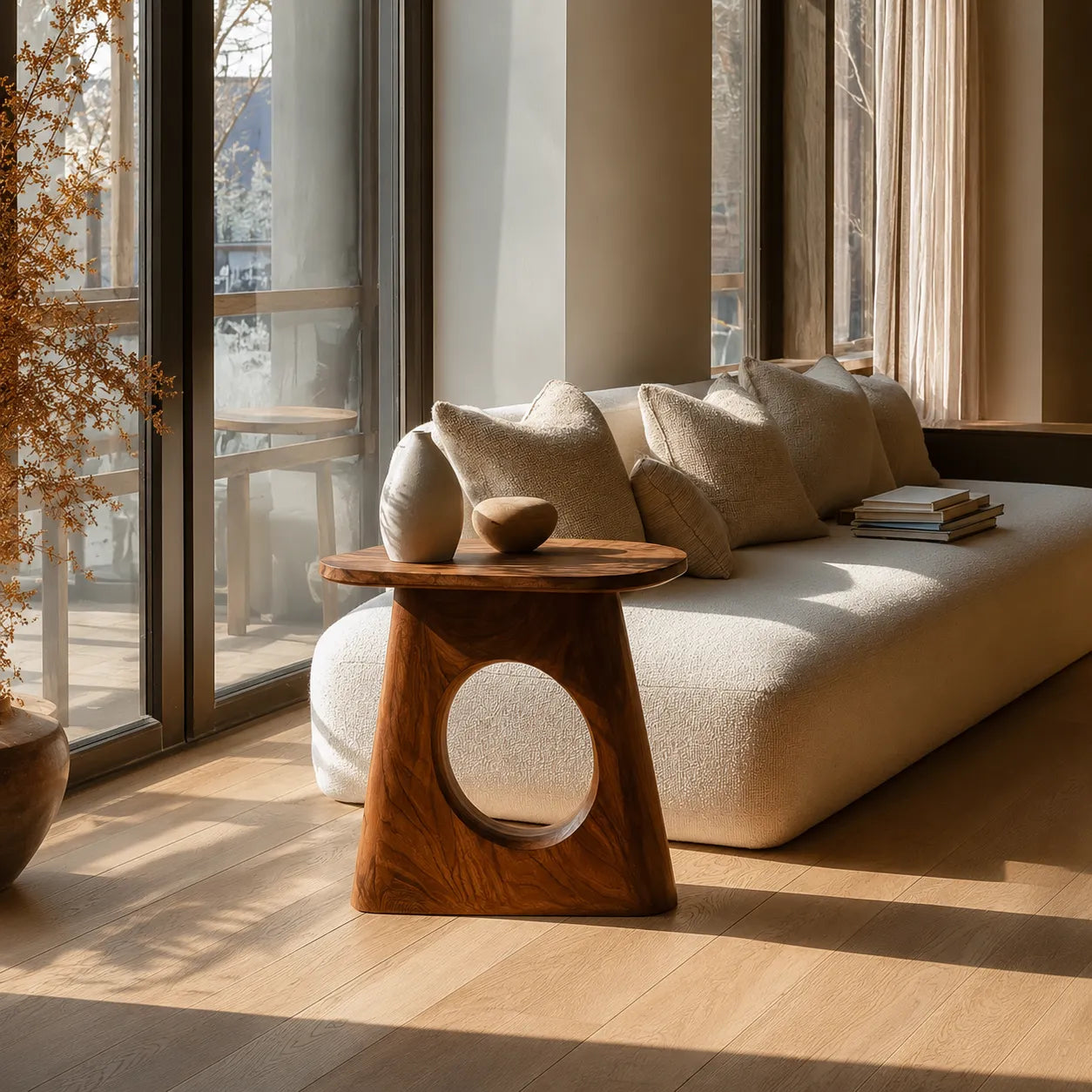 Natural Solid Wood Side Table with Sculptural Open Pedestal Base - Livewoodcraft - 2