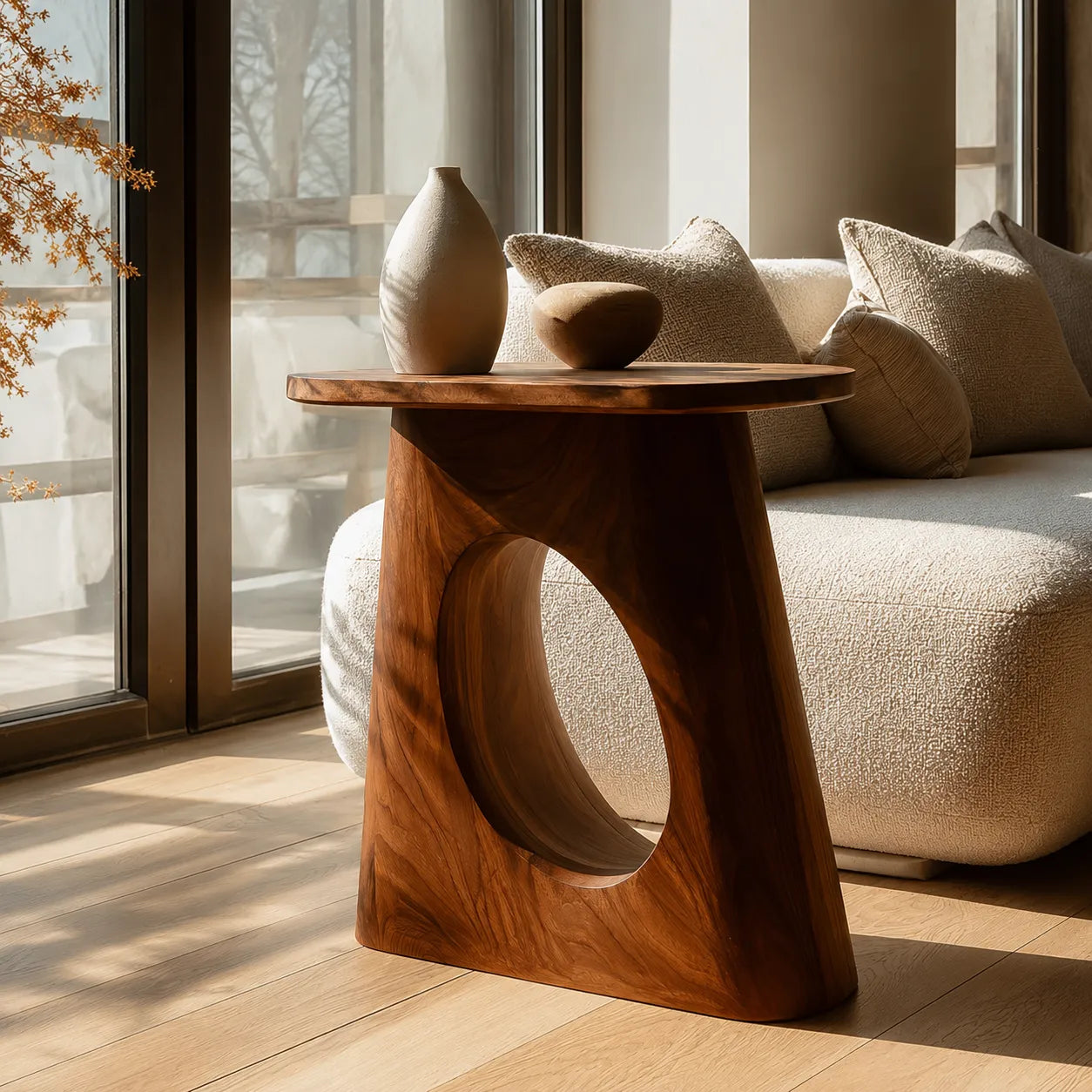 Natural Solid Wood Side Table with Sculptural Open Pedestal Base - Livewoodcraft - 4