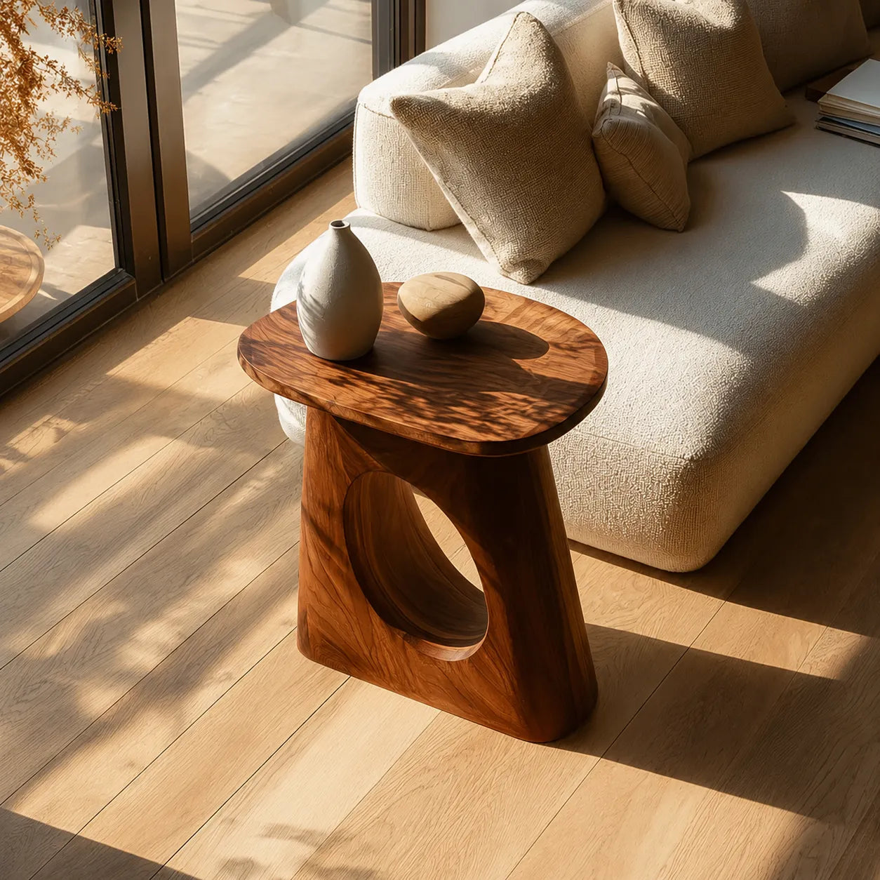 Natural Solid Wood Side Table with Sculptural Open Pedestal Base - Livewoodcraft - 5