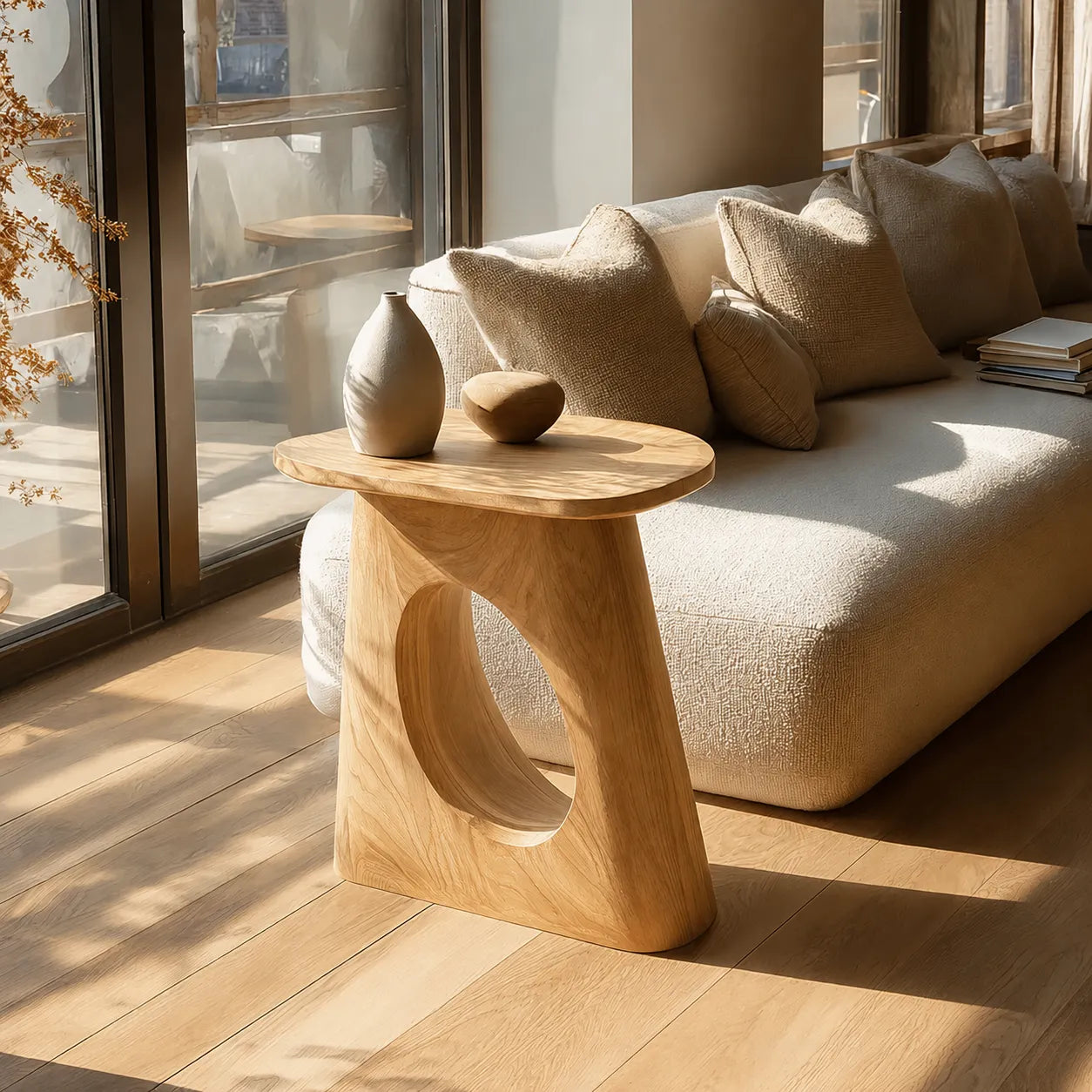 Natural Solid Wood Side Table with Sculptural Open Pedestal Base - Livewoodcraft - 7