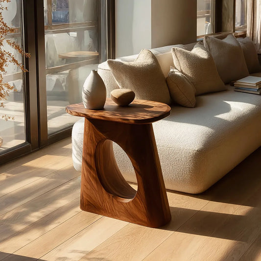 Natural Solid Wood Side Table with Sculptural Open Pedestal Base - Livewoodcraft