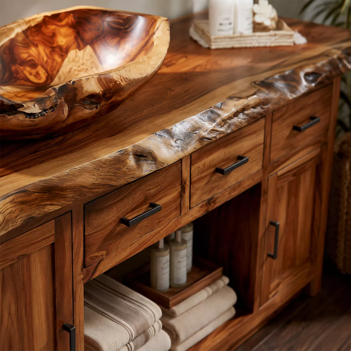 Natural Solid Wood Traditional Bathroom Vanity Cabinet with Rustic Style - Livewoodcraft - 1