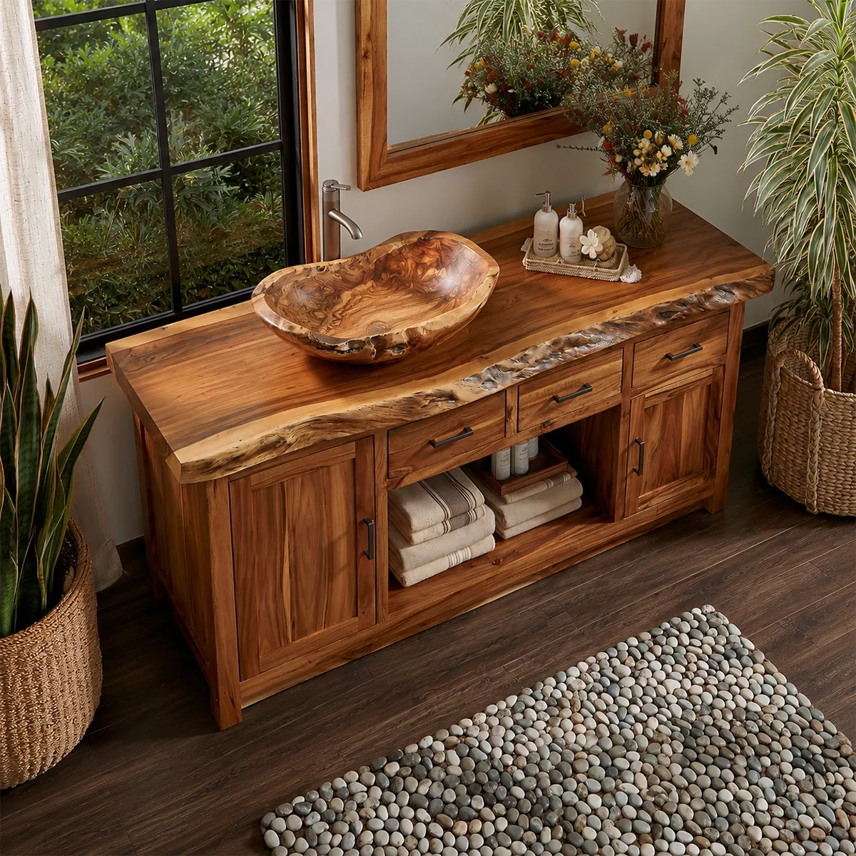 Natural Solid Wood Traditional Bathroom Vanity Cabinet with Rustic Style - Livewoodcraft - 2
