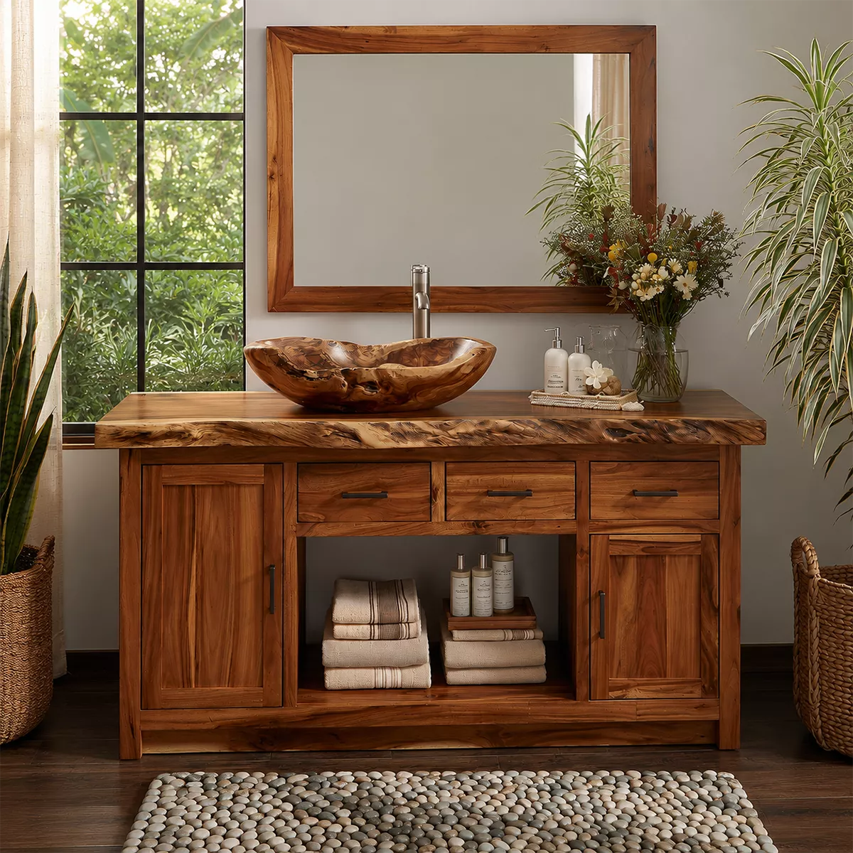 Natural Solid Wood Traditional Bathroom Vanity Cabinet with Rustic Style - Livewoodcraft - 3