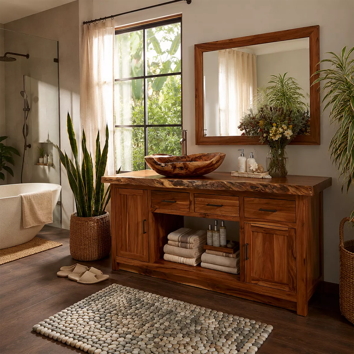 Natural Solid Wood Traditional Bathroom Vanity Cabinet with Rustic Style - Livewoodcraft - 4