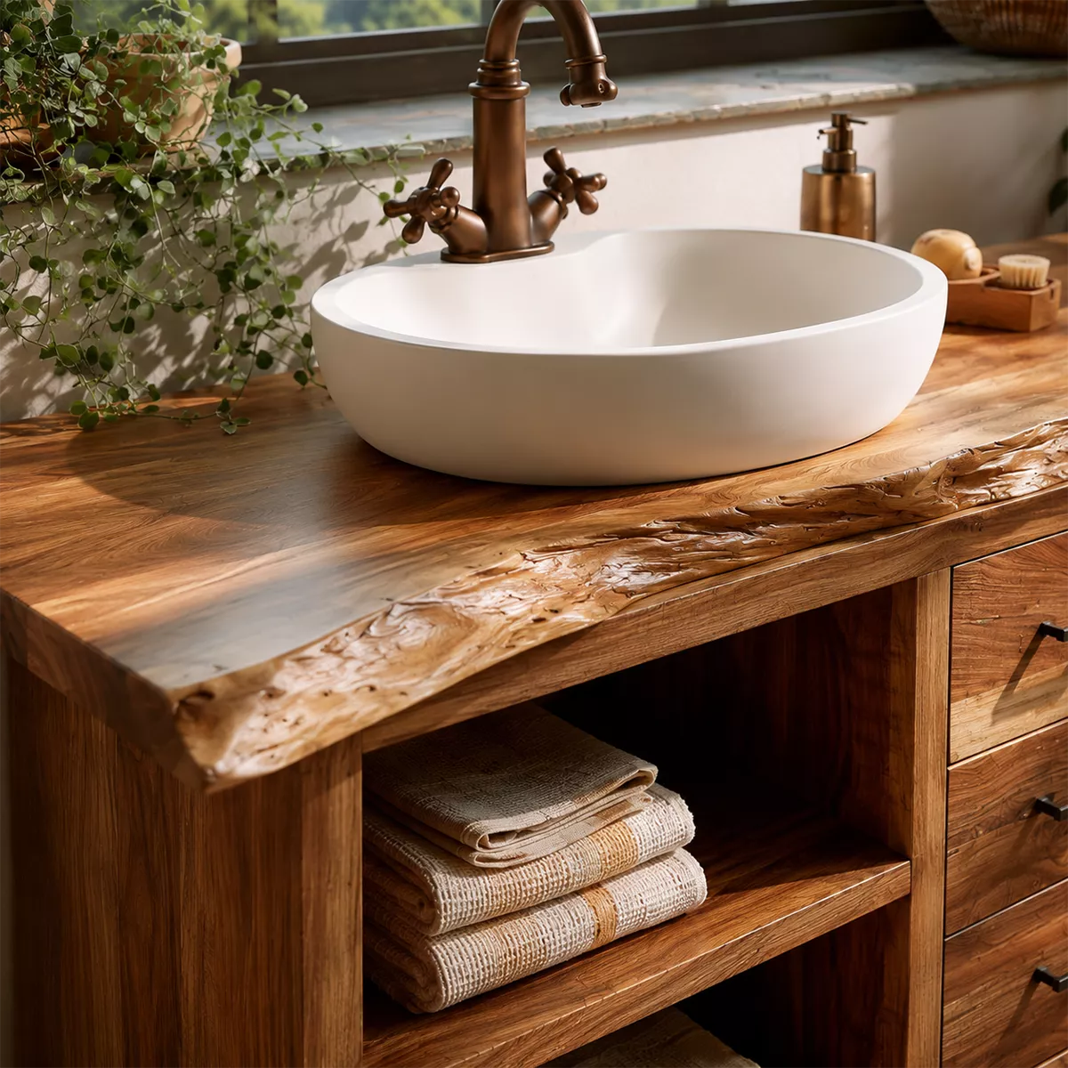 Natural Solid Wood Traditional Bathroom Vanity Cabinet with Storage - Livewoodcraft - 1
