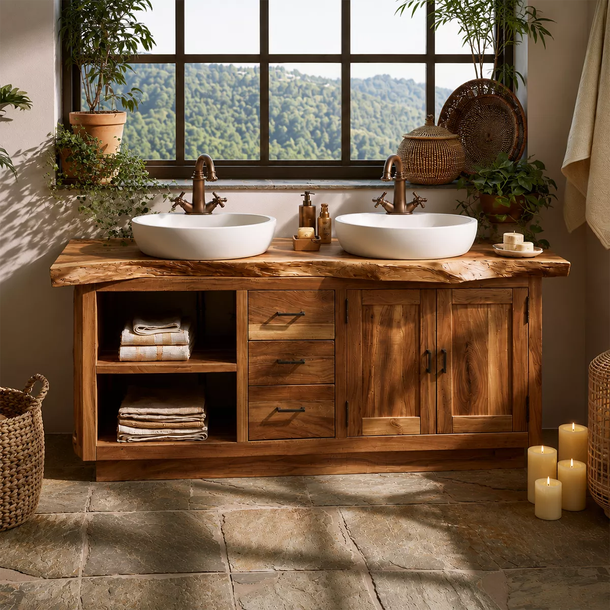 Natural Solid Wood Traditional Bathroom Vanity Cabinet with Storage - Livewoodcraft - 4