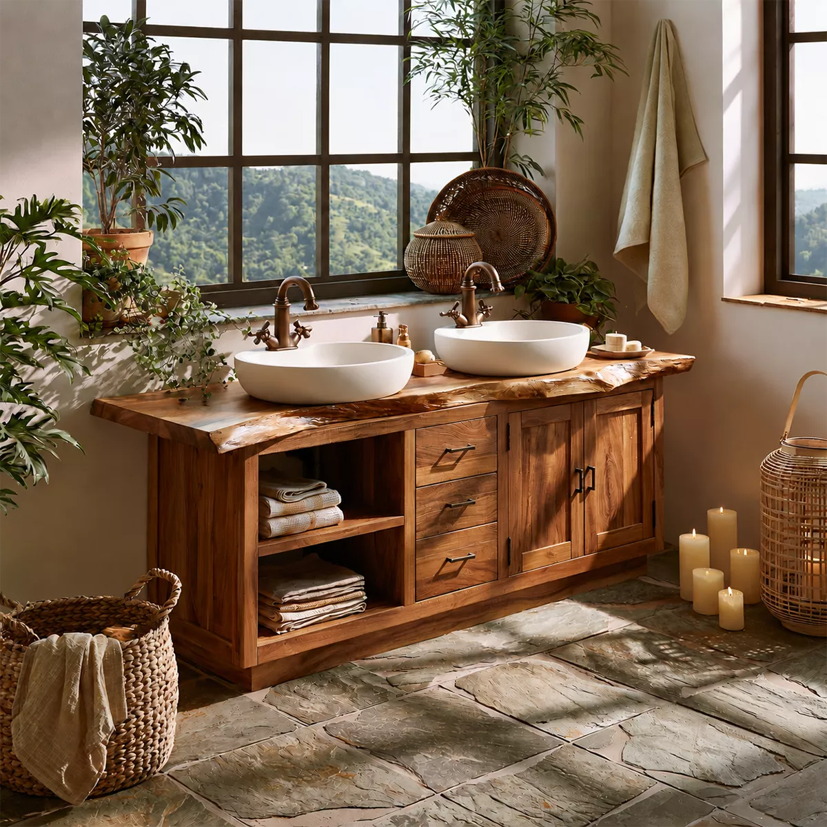 Natural Solid Wood Traditional Bathroom Vanity Cabinet with Storage - Livewoodcraft - 5