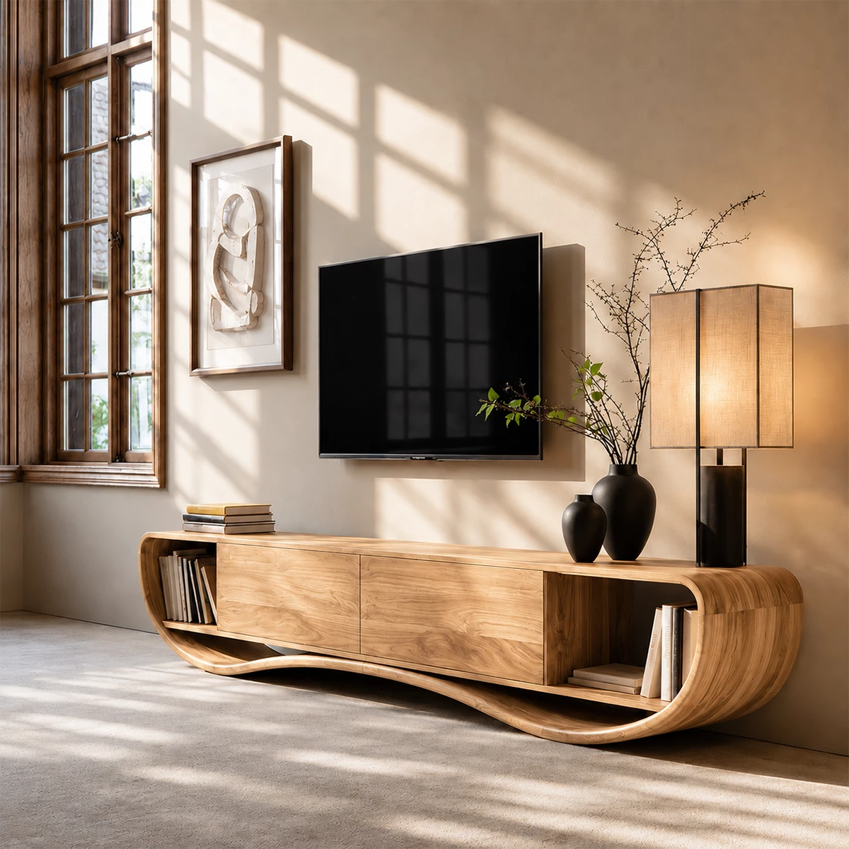 Natural Solid Wood TV Stand Curved Loop Modern Style - Livewoodcraft - 5