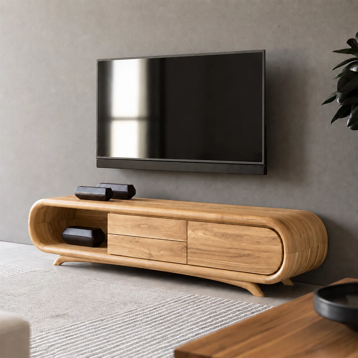 Natural Solid Wood TV Stand Rounded Modern Style - Livewoodcraft - 2