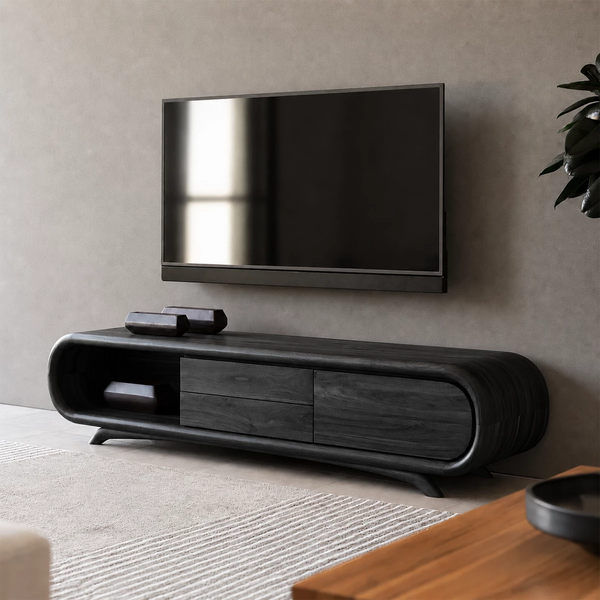 Natural Solid Wood TV Stand Rounded Modern Style - Livewoodcraft - 3