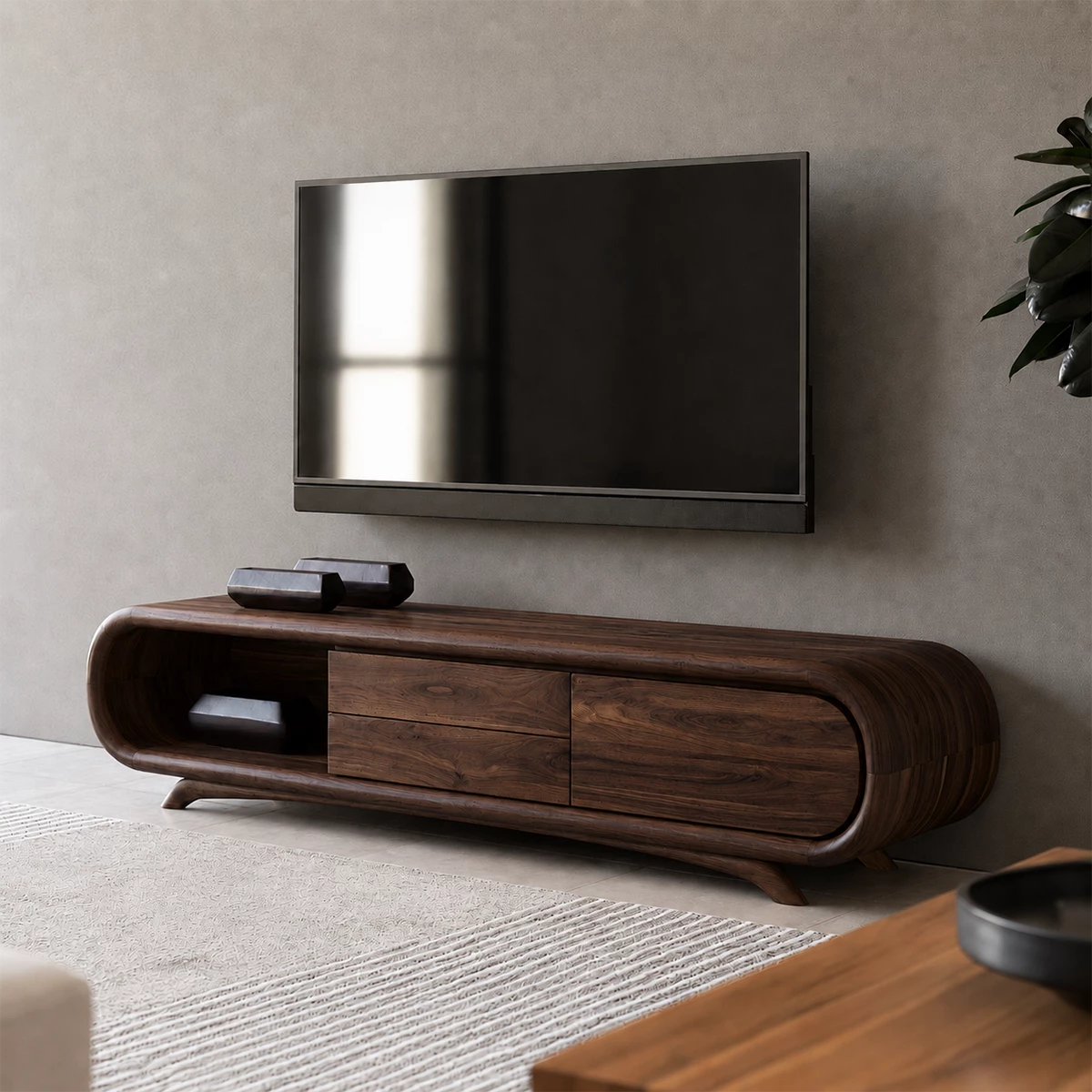 Natural Solid Wood TV Stand Rounded Modern Style - Livewoodcraft