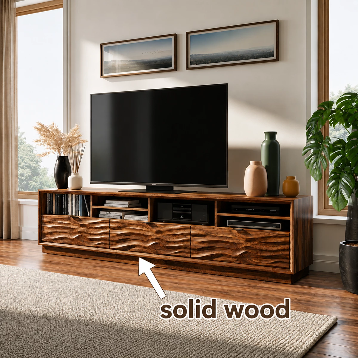 Natural Solid Wood TV Stand Sculpted Wave Modern Style - Livewoodcraft - 11