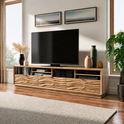 Natural Solid Wood TV Stand Sculpted Wave Modern Style - Livewoodcraft - 2