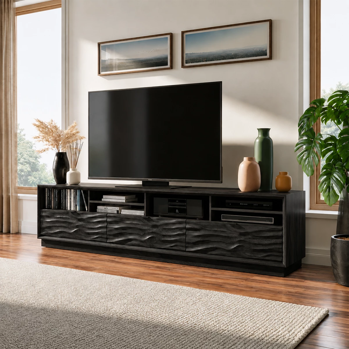 Natural Solid Wood TV Stand Sculpted Wave Modern Style - Livewoodcraft - 3