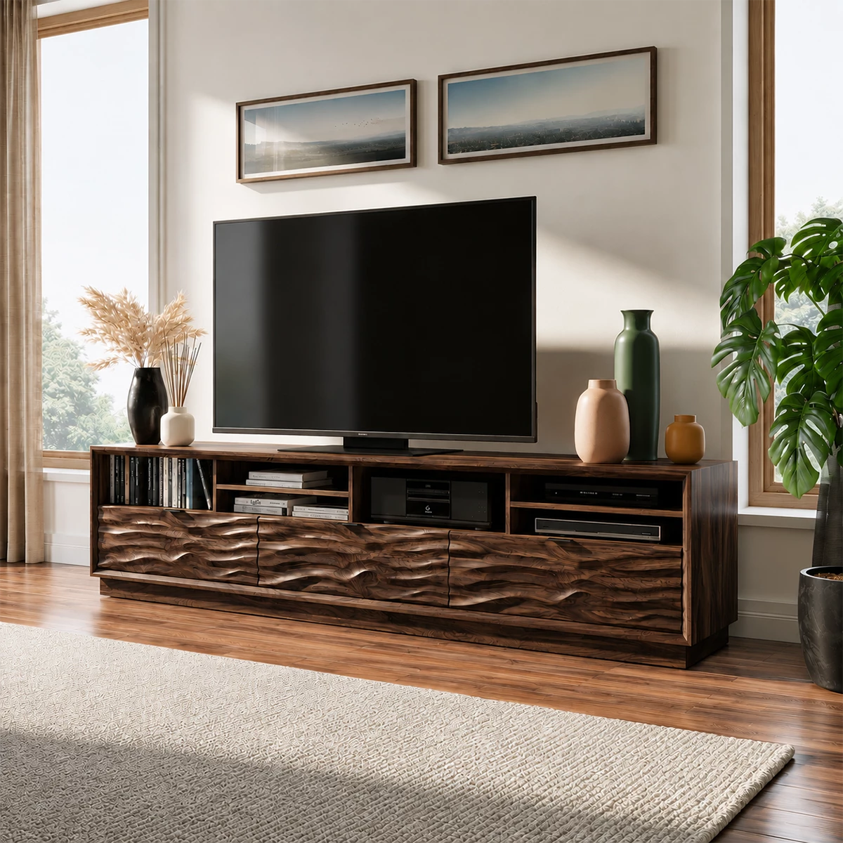 Natural Solid Wood TV Stand Sculpted Wave Modern Style - Livewoodcraft - 4