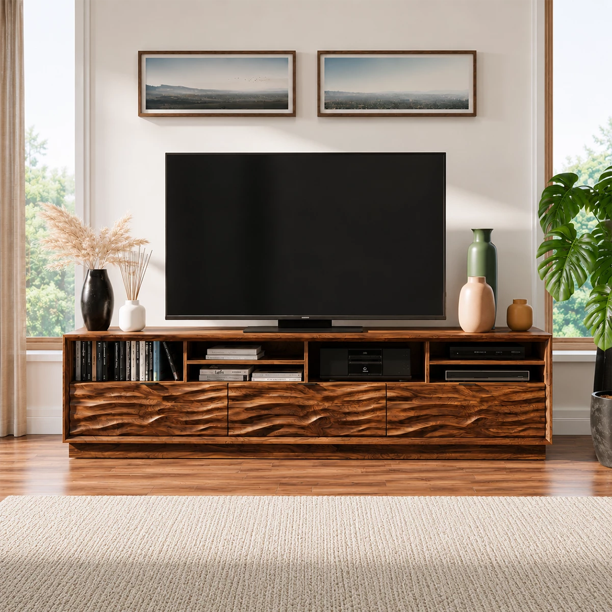 Natural Solid Wood TV Stand Sculpted Wave Modern Style - Livewoodcraft - 5
