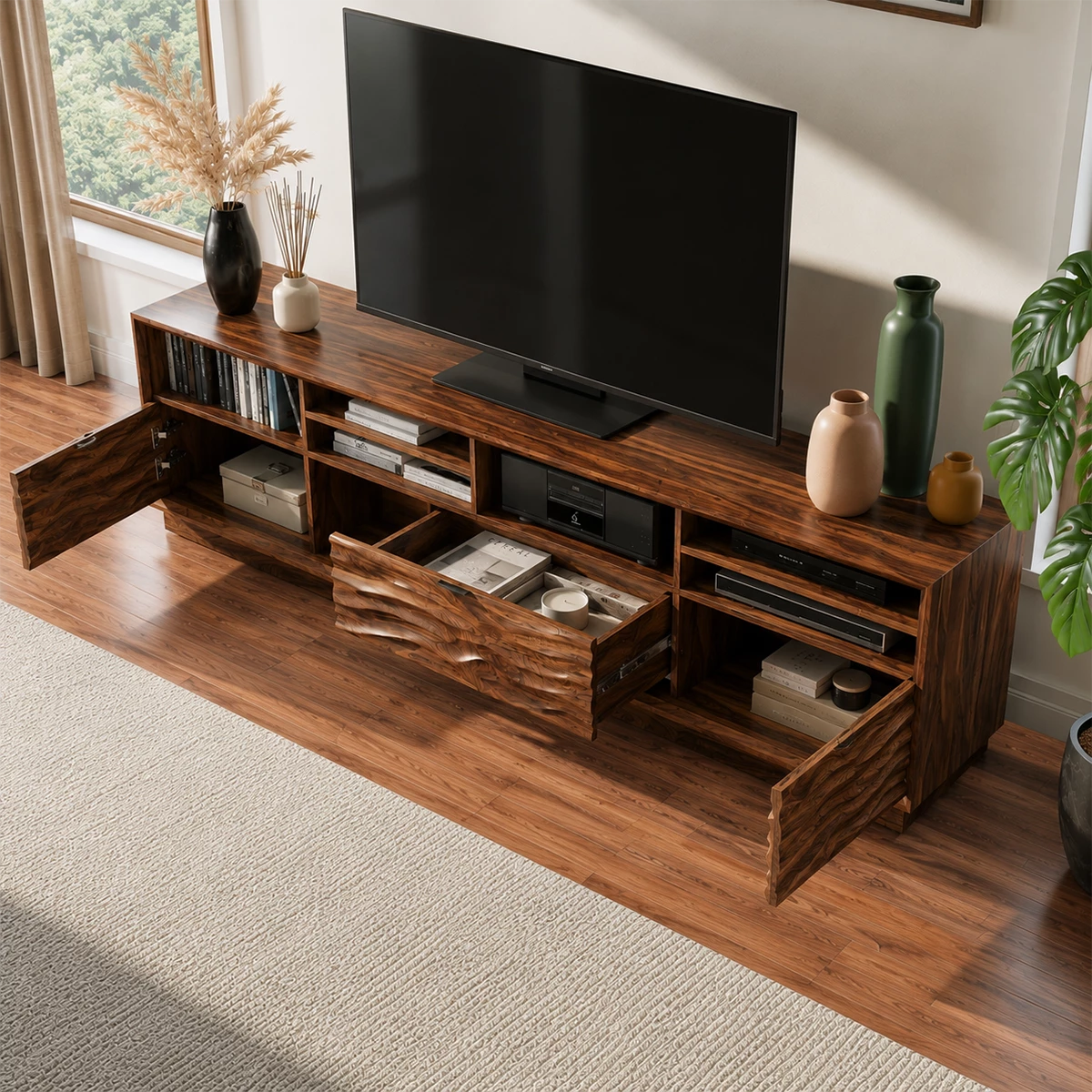 Natural Solid Wood TV Stand Sculpted Wave Modern Style - Livewoodcraft - 6