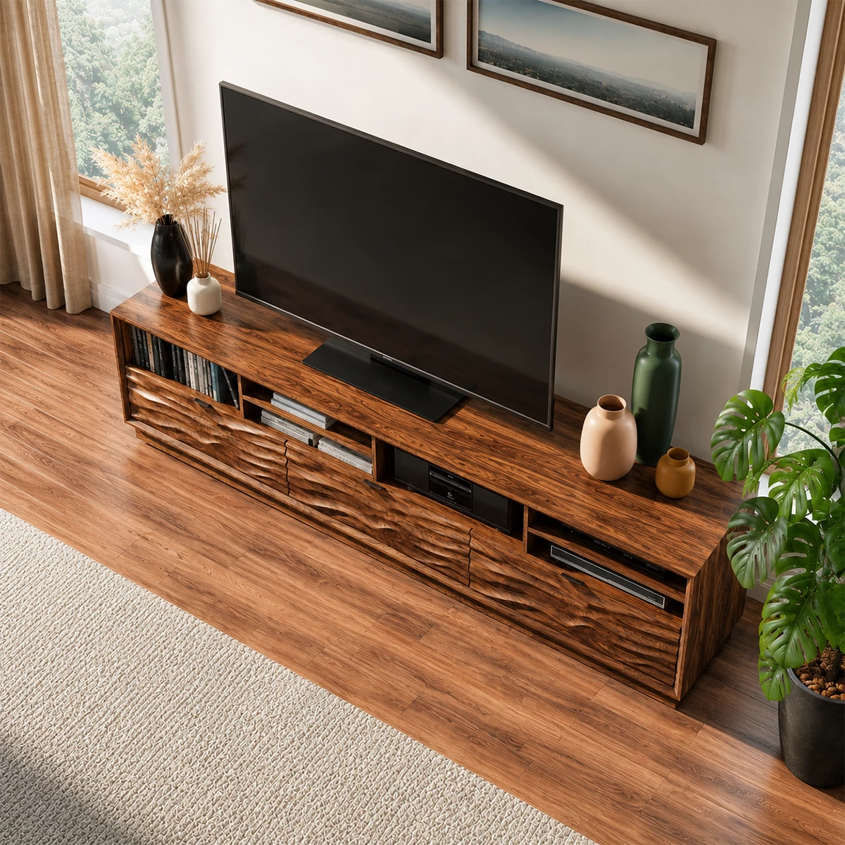 Natural Solid Wood TV Stand Sculpted Wave Modern Style - Livewoodcraft - 8