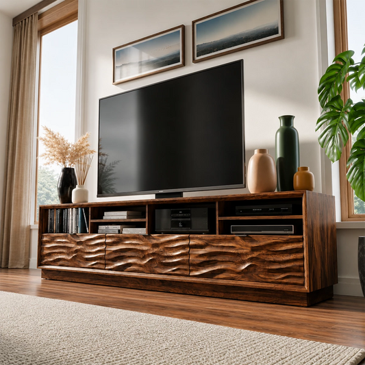 Natural Solid Wood TV Stand Sculpted Wave Modern Style - Livewoodcraft